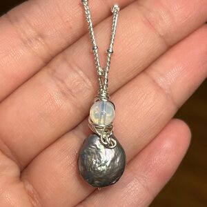 Opalite and black pearl silver wire wrapped necklace